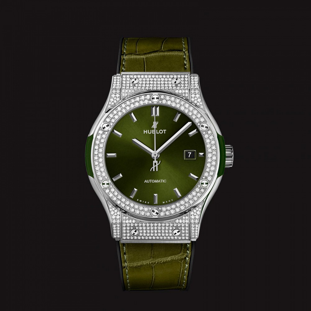 Hublot Classic Fusion Titanium Green Pave Diamonds 42mm